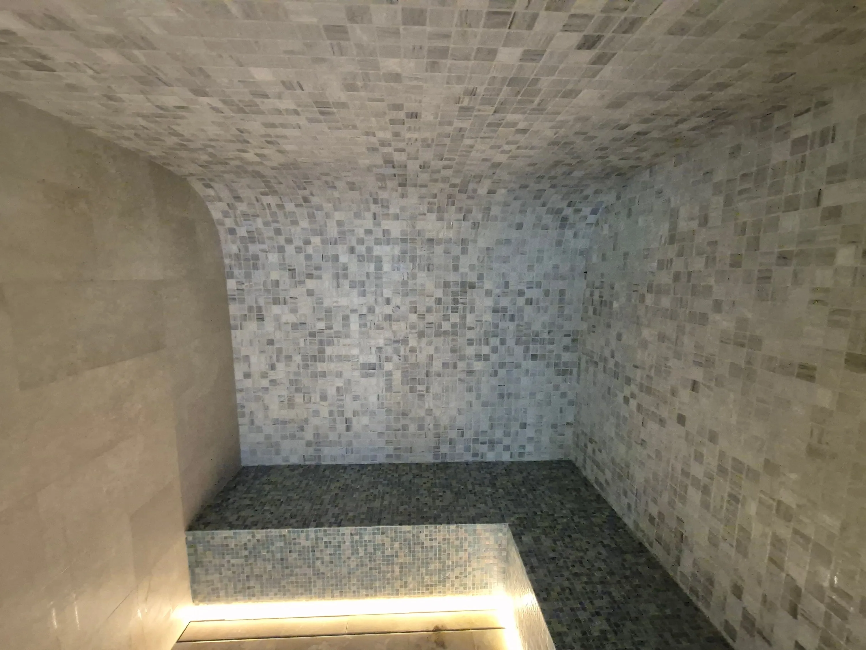 Steam room with a barrel-vaulted mosaic ceiling curving down to a lit tiled bench