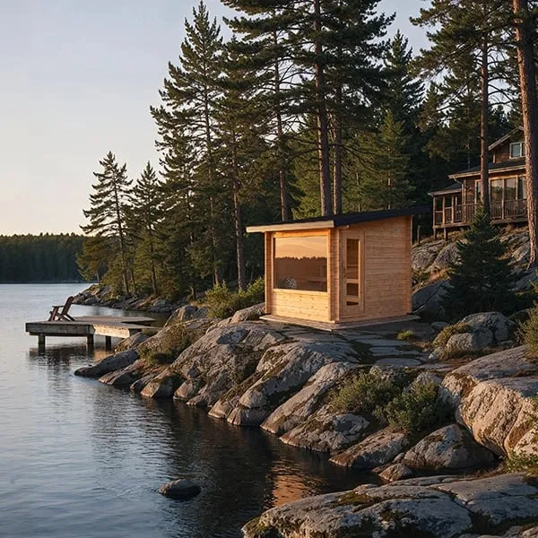 Manufacturer rendering: flat-roofed light timber cabin sauna with large window on a rocky lakeshore among pines, dock and house nearby at dusk.