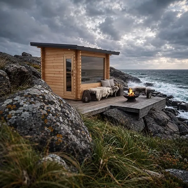 Manufacturer rendering: light timber cabin sauna with flat roof, glass door and large window on a deck with fire bowl and cushions above a rocky sea coast.