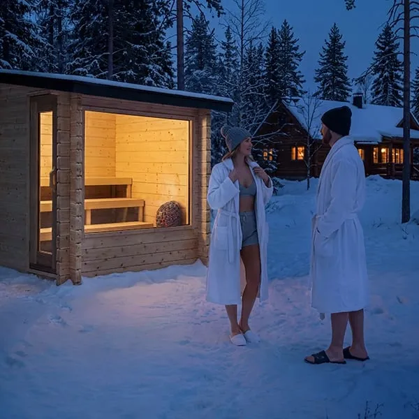 Manufacturer rendering: timber cabin sauna at night in snow, lit interior benches and heater visible through large window, two people in robes outside.