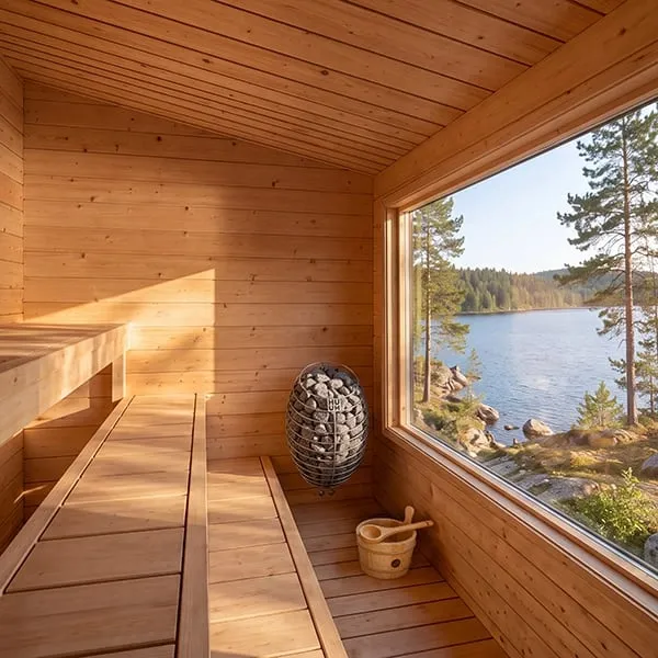 Manufacturer rendering: light timber sauna interior with two-tier benches, caged electric heater with stones, bucket and ladle, large window facing a lake.