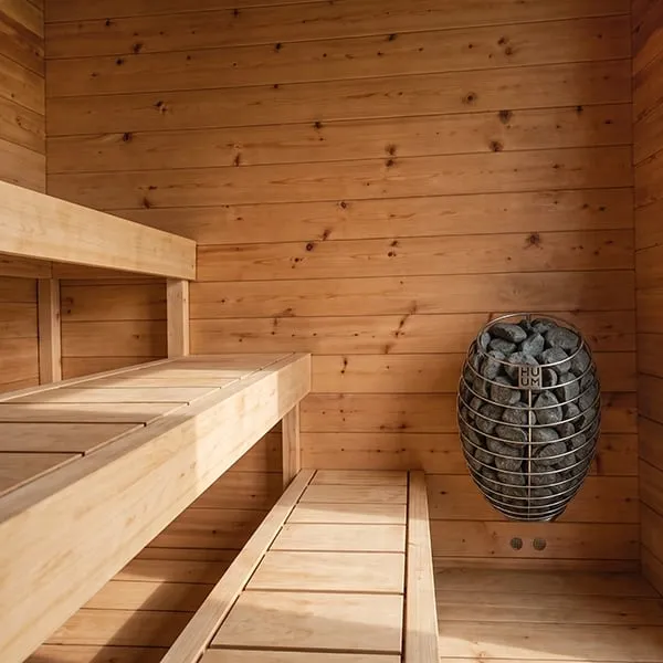 Sauna interior in light knotty timber with two-tier benches and a wall-mounted caged electric heater filled with stones.