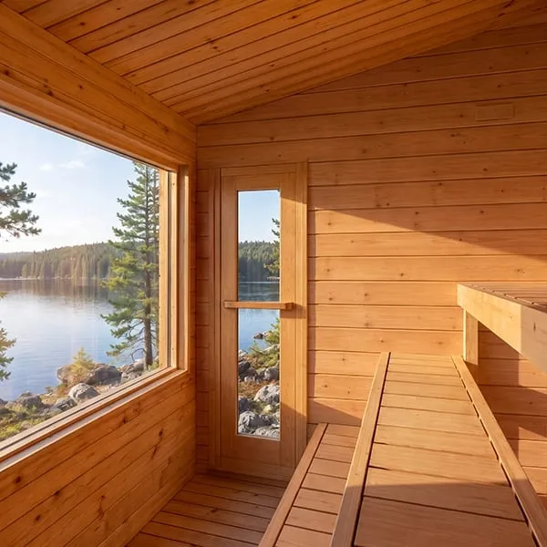 Manufacturer rendering: timber sauna interior looking toward a glass-panel door and large side window onto a lake with pines, benches at right.