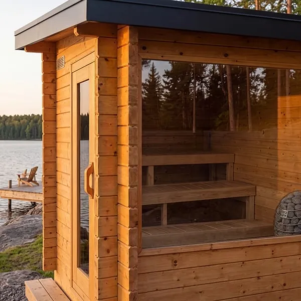 Manufacturer rendering: corner of a timber cabin sauna at sunset, glass door and large window showing two-tier benches and caged heater, lake and dock behind.