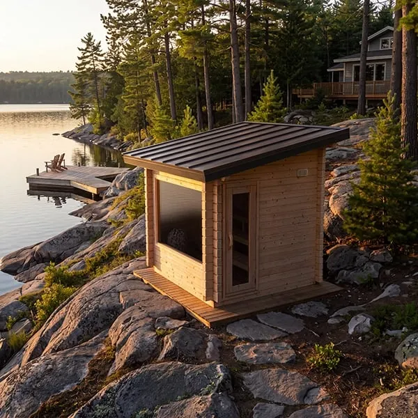 Manufacturer rendering: light timber cabin sauna with dark standing-seam metal mono-pitch roof on a timber platform on a rocky lakeshore, dock and house among pines.