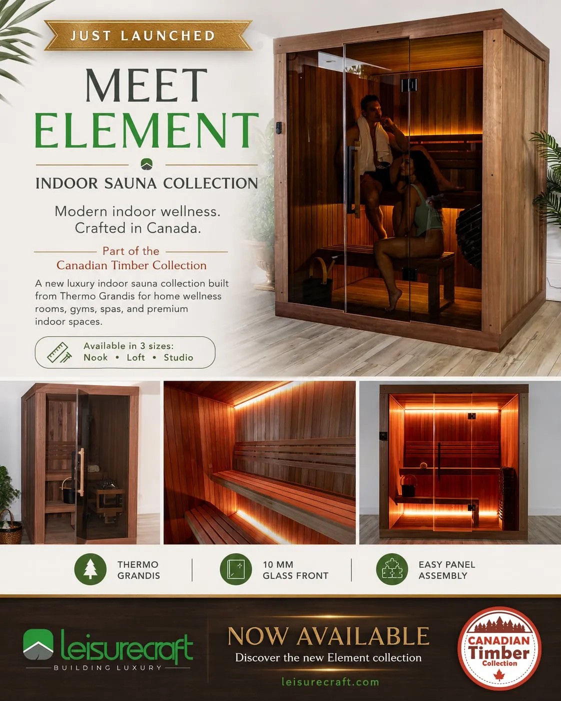 Manufacturer brochure page for the Element indoor sauna collection (Canadian Timber Collection): photos of a reddish-brown timber cabinet with glass front and lit benches.