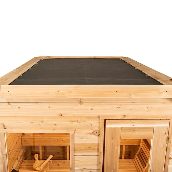 Close-up of a cube sauna roof with black roofing membrane inside a cedar edge trim, front window and glass door below, white studio background.