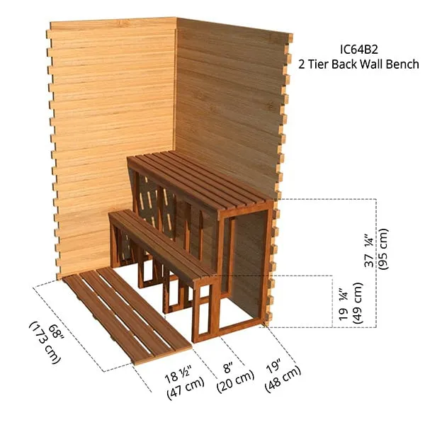 Rendered diagram of a two-tier back wall bench: 68 in (173 cm) long, depths 18.5 in (47 cm) and 19 in (48 cm), heights 19.25 in (49 cm) and 37.25 in (95 cm)