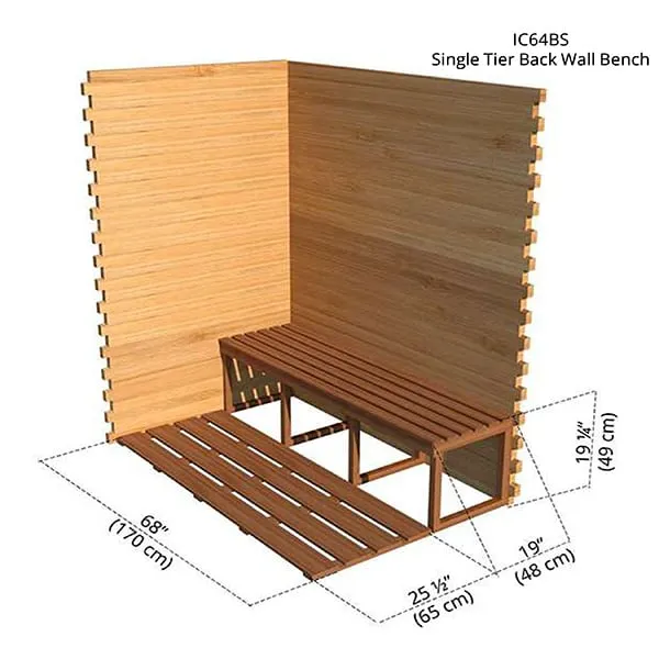 Rendered diagram of a single-tier back wall bench: 68 in (170 cm) long, 19 in (48 cm) deep, 19.25 in (49 cm) high, floor duckboard 25.5 in (65 cm)