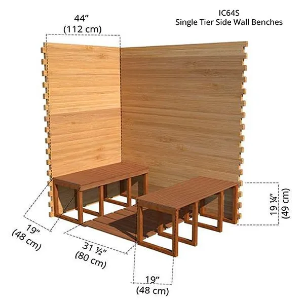 Rendered diagram of two single-tier side wall benches, each 19 in (48 cm) deep and 19.25 in (49 cm) high, 31.5 in (80 cm) apart, 44 in (112 cm) wall