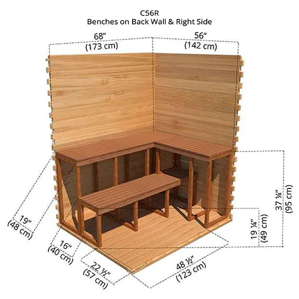 Rendered diagram of cedar bench layout with benches on back wall and right side, dimensions in inches and cm