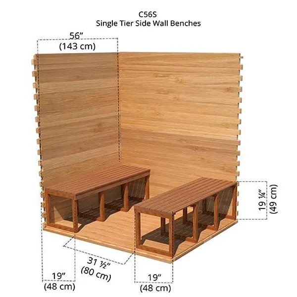 Rendered diagram of single-tier cedar benches on both side walls, dimensions in inches and cm