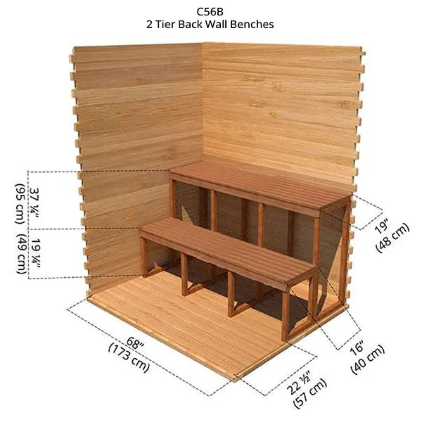Rendered diagram of two-tier cedar benches on the back wall, dimensions in inches and cm