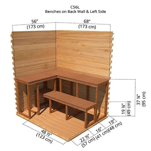 Rendered diagram of cedar benches on back wall and left side, dimensions in inches and cm