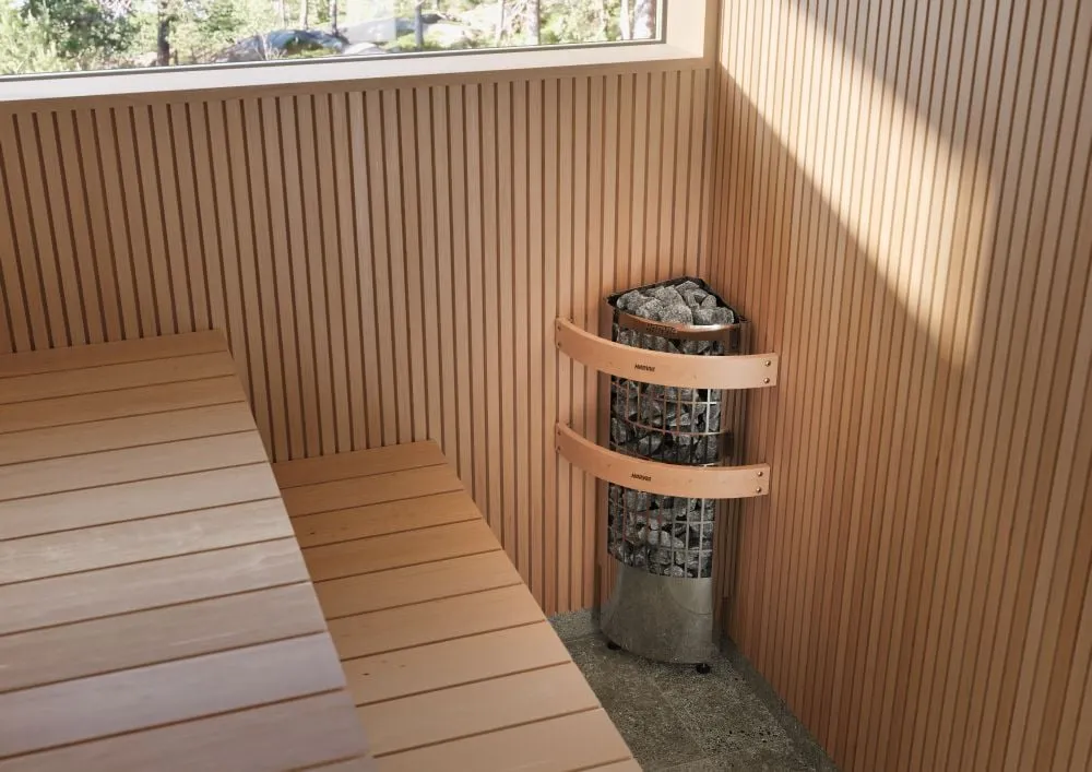 Harvia Cilindro Corner heater installed in the corner of a sauna