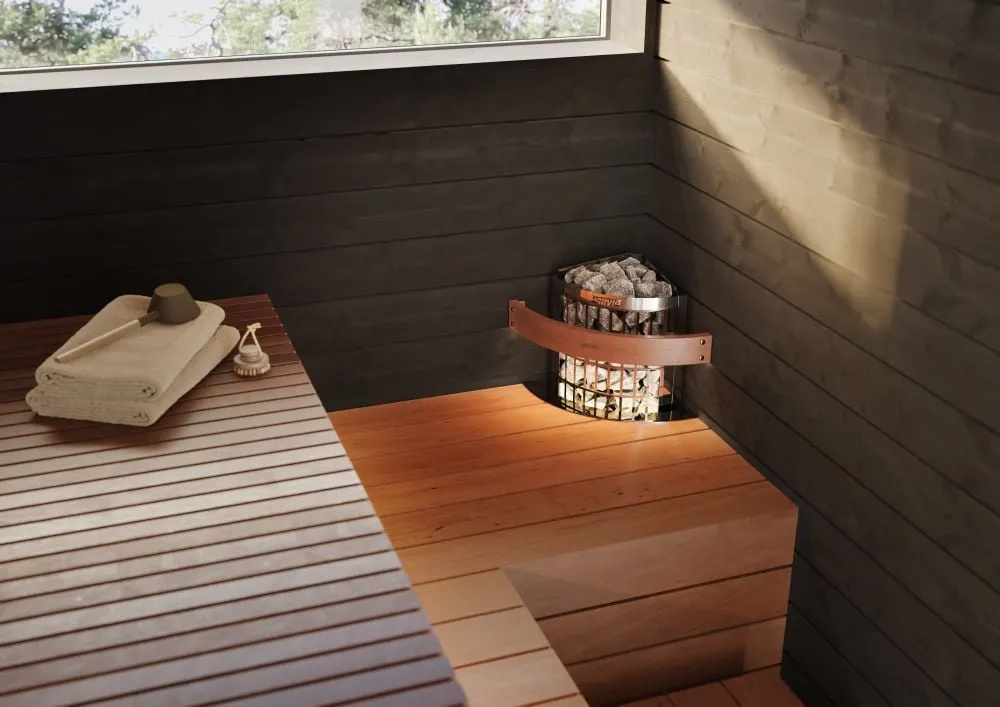 Harvia Cilindro Corner heater in a sauna interior