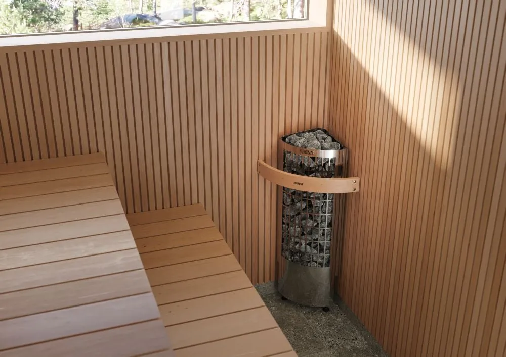 Harvia Cilindro Corner heater in a sauna interior