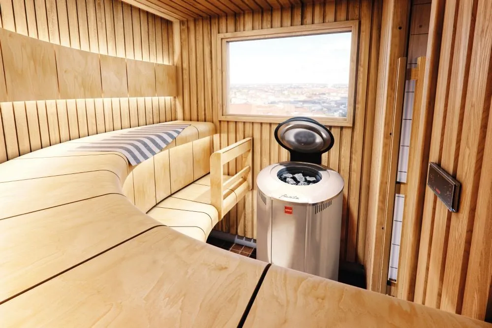 Harvia Forte in a sauna with Harvia Ventura benches