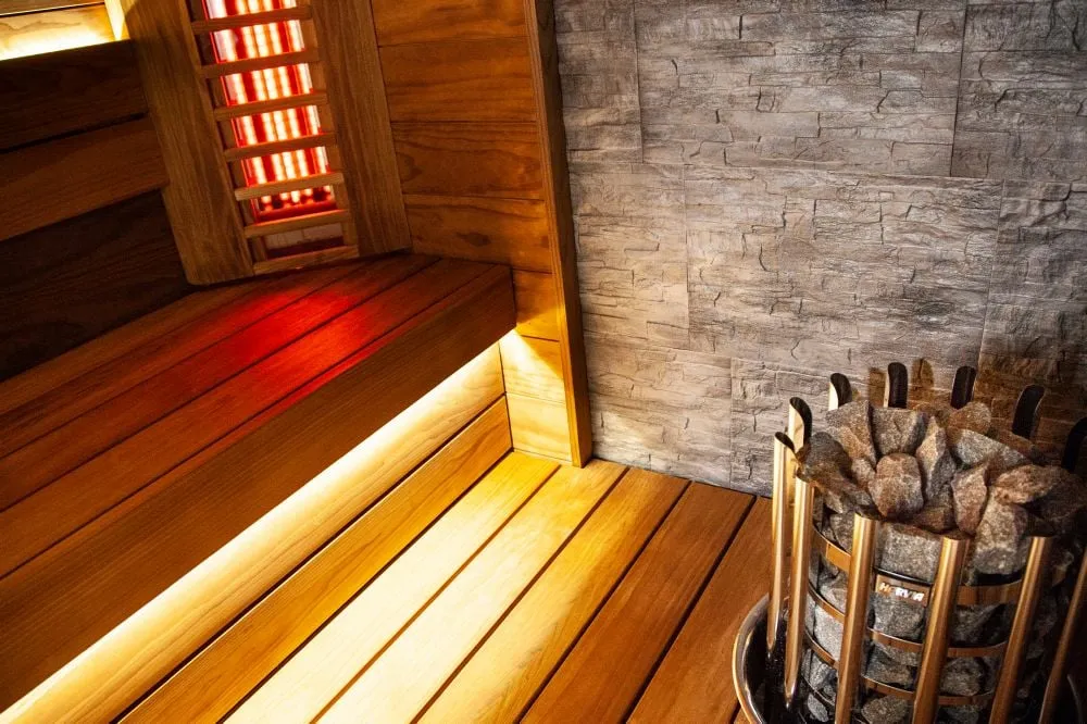 Harvia Glow heater in a Harvia Block hybrid sauna