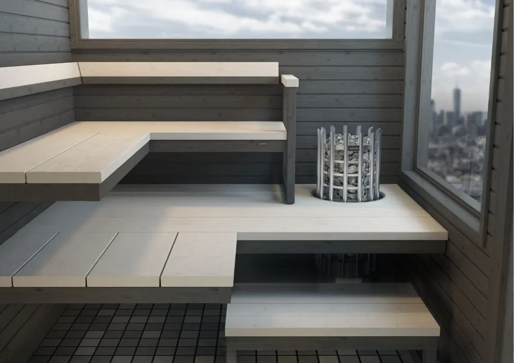 Harvia Glow heater with Harvia Solide benches