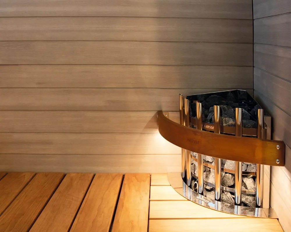 Harvia Glow Corner heater installed in a sauna corner