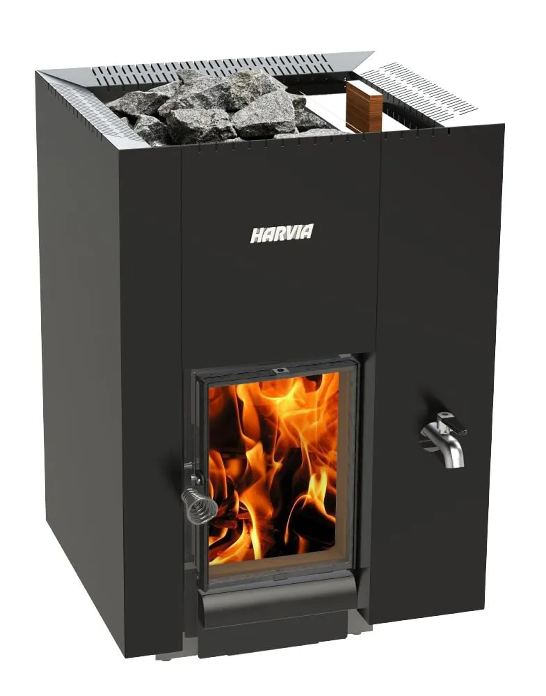 Harvia Linear 22 Vision RS wood-burning heater with side water tank, product photo