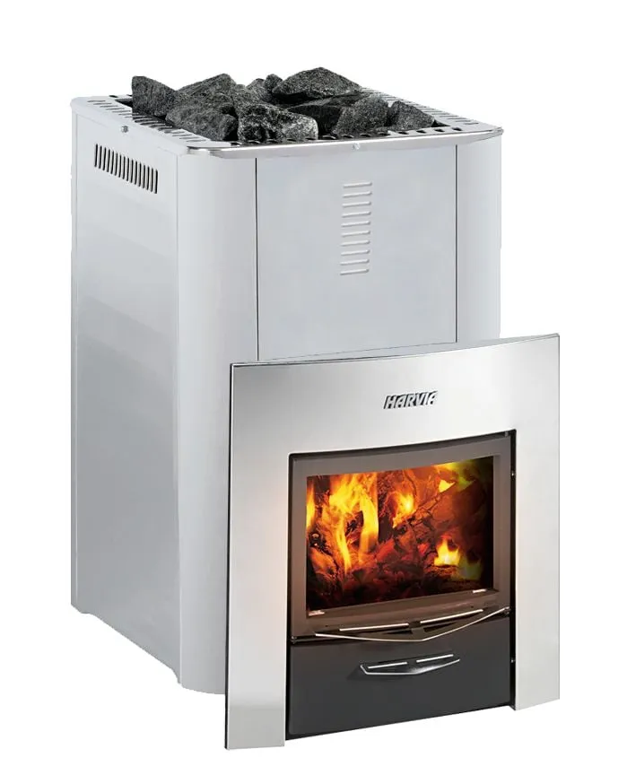 Harvia Pro 20 Duo and Pro 36 Duo wood-burning heaters, product photo