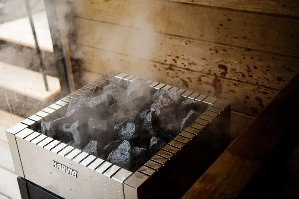 Harvia Qube heater in a sauna interior