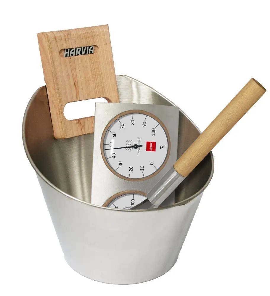 Harvia sauna set in stainless steel: bucket, ladle and thermo-hygrometer