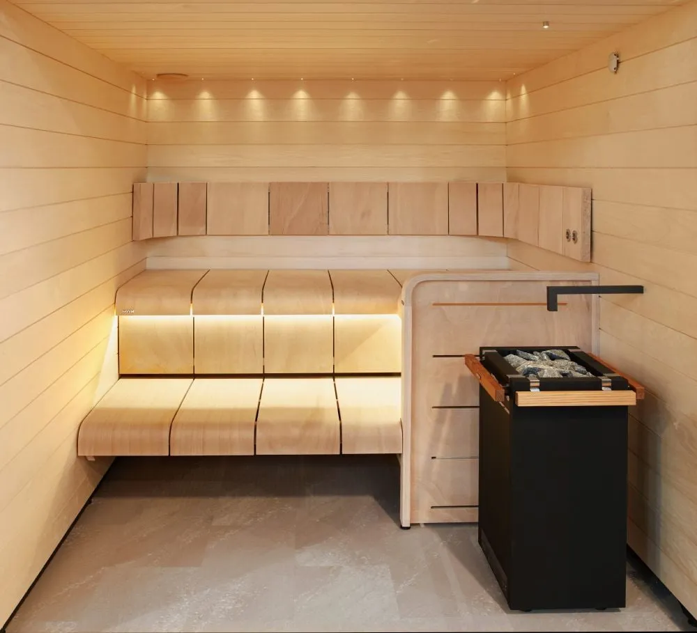 Harvia Virta heater in a sauna with Harvia Ventura benches