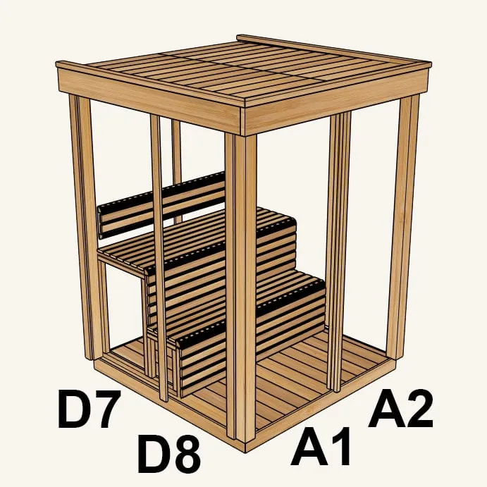 Rendered cutaway of the indoor cube sauna frame with two-tier benches, wall panel positions labelled D7, D8, A1, A2