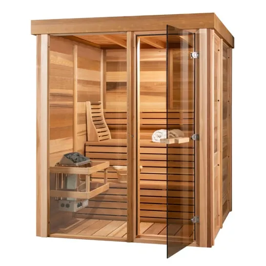 Indoor clear cedar cube sauna with glass front and open frameless glass door, heater and benches visible, on a white background