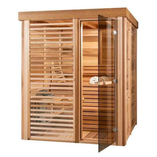 Indoor clear cedar cube sauna with horizontal louvres over the glass front and open frameless glass door, on a white background