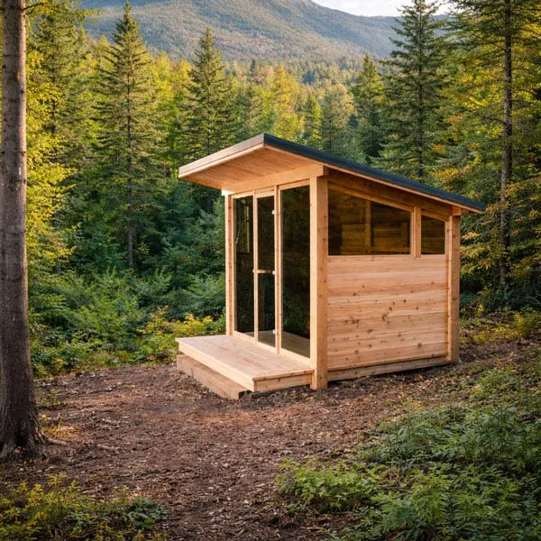 Cedar outdoor sauna with single-slope roof, glass front and door, side window band and front deck, in a forest clearing with mountains