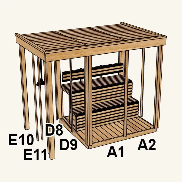 Rendered cutaway of the cube sauna frame showing two-tier benches, floor and roof, with wall panel positions labelled E10, E11, D8, D9, A1, A2